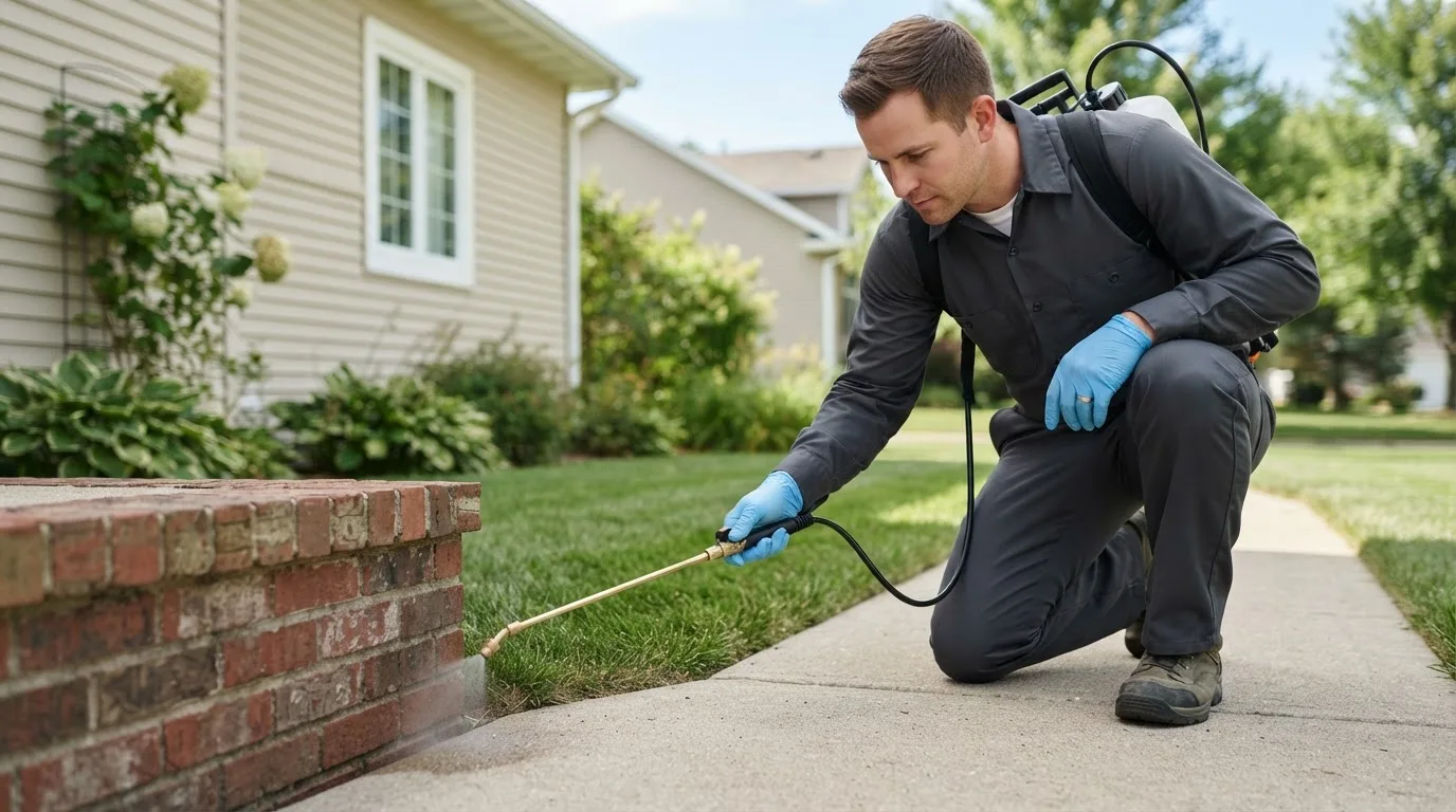 Pest control technician treating a home near Pemberville, OH